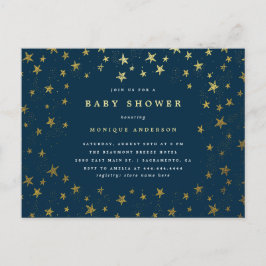 Moderne Midnight Blue & Gold Stars Baby Dusche Einladungspostkarte