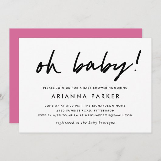 Moderne Mini-Babydusche| Rosa Einladung (Vorne/Hinten)