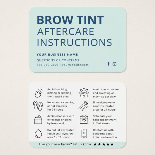 Moderne Mini Blue Eyebrow Tint Aftercare Card (Vorne & Hinten)
