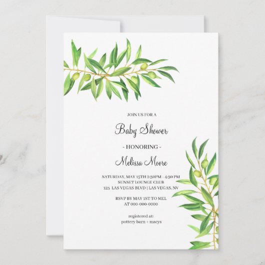 Moderne Mini-Oliven-Zweig-Babydusche Einladung (Vorderseite)