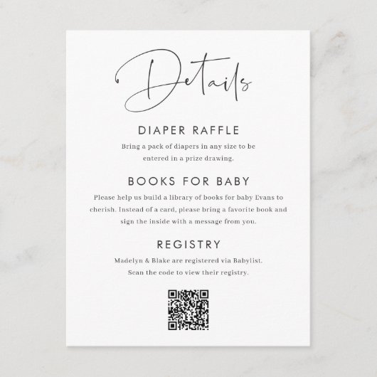 Moderne Miniatur-Script-Babyduschenschließkarte Einladung (Vorderseite)