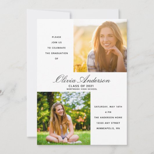 Moderne Minimal-2-Foto-Graduierungsparty Einladung (Vorderseite)