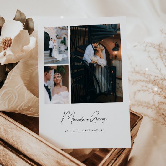 Moderne Minimal 3-Foto-Script-Schrift Hochzeit Dankeskarte