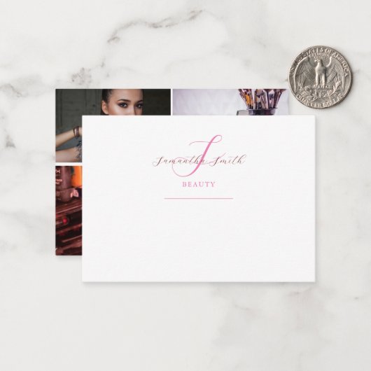 Moderne Minimal 3 Fotos Script Monogram Beauty Mitteilungskarte (Vorderseite/Rückseite Beispiel)