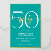 Moderne Minimal Aqua Fünfzig Drehbuch Geburtstag Folieneinladung (Vorderseite)