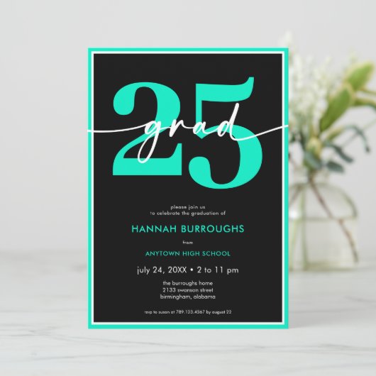 Moderne Minimal Aqua Script Graduation Party Einladung (Stehend Vorderseite)