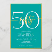 Moderne Minimal Aquamarine 50 Script Geburtstag Folieneinladung (Vorderseite)