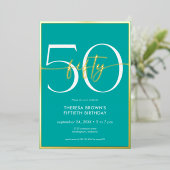 Moderne Minimal Aquamarine 50 Script Geburtstag Folieneinladung (Stehend vorne)