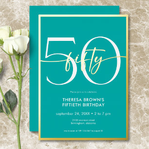 Moderne Minimal Aquamarine 50 Script Geburtstag Folieneinladung