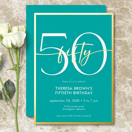 Moderne Minimal Aquamarine 50 Script Geburtstag Folieneinladung