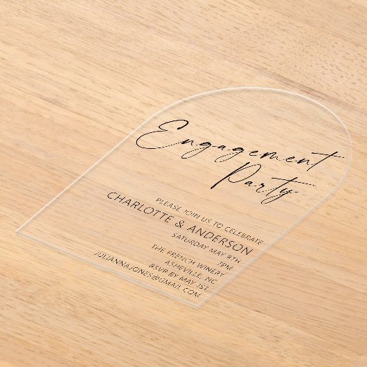 Moderne Minimal Arch Black Script Engagement Party Acryleinladungen (Ablage )