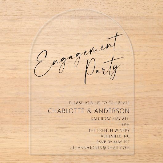 Moderne Minimal Arch Black Script Engagement Party Acryleinladungen (Vorderseite)