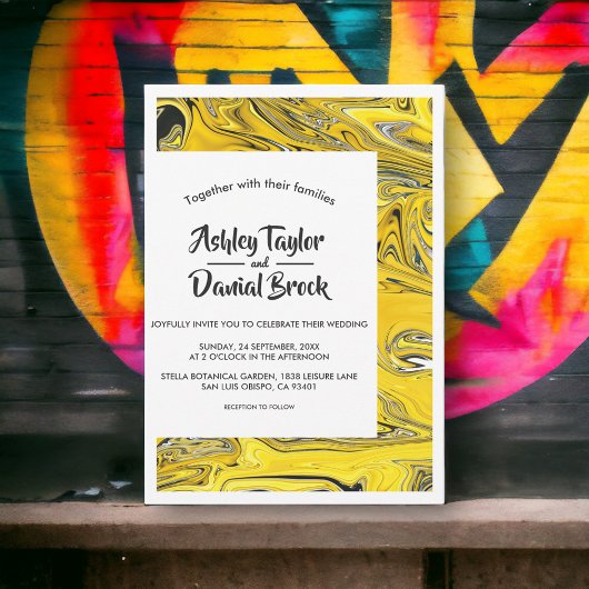 Moderne Minimal Black Gold Abstrakt Paint Wedding Einladung