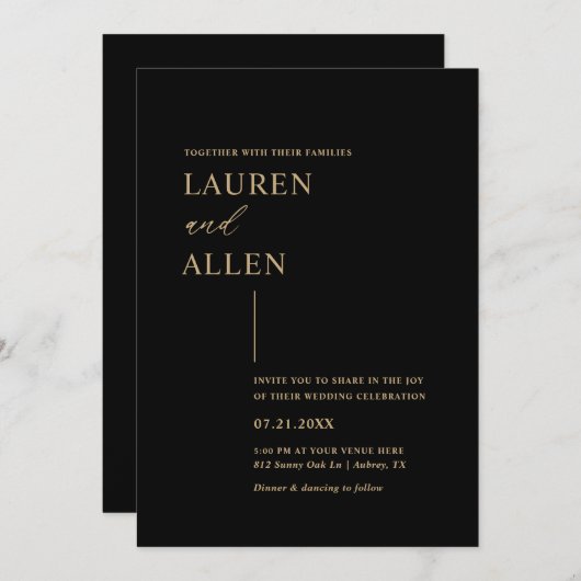 Moderne Minimal Black Gold Hochzeit Einladung (Vorne/Hinten)