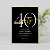 Moderne Minimal Black Gold Script Geburtstag Folieneinladung (Stehend vorne)