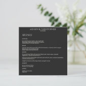 Moderne Minimal Black Noir Hochzeitsempfehlung Menükarte (Stehend Vorderseite)