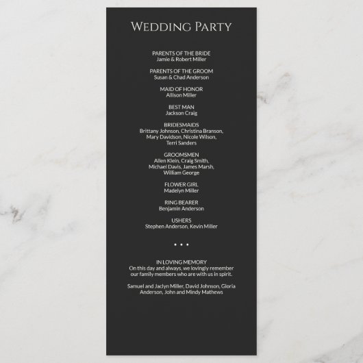 Moderne Minimal Black Noir Hochzeitsfeier Programm (Rückseite)