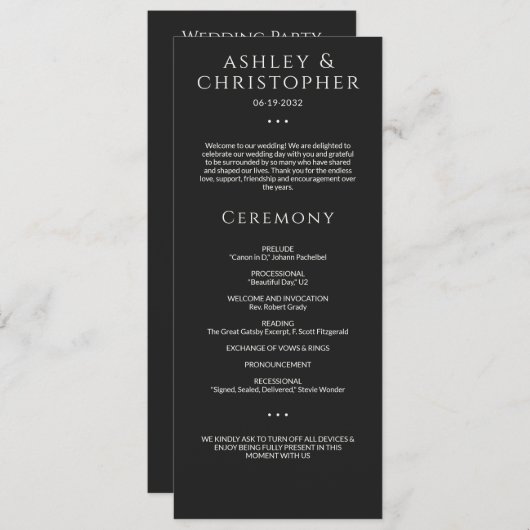 Moderne Minimal Black Noir Hochzeitsfeier Programm (Vorne/Hinten)