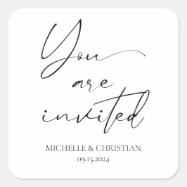 Moderne Minimal Black Script Calligrafy Wedding Quadratischer Aufkleber