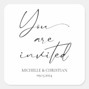 Moderne Minimal Black Script Calligrafy Wedding Quadratischer Aufkleber