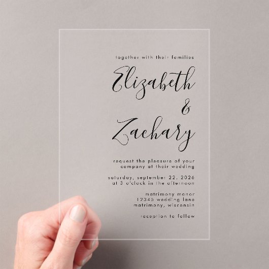 Moderne Minimal Black Script Wedding Acryleinladungen (Insitu (Handheld))