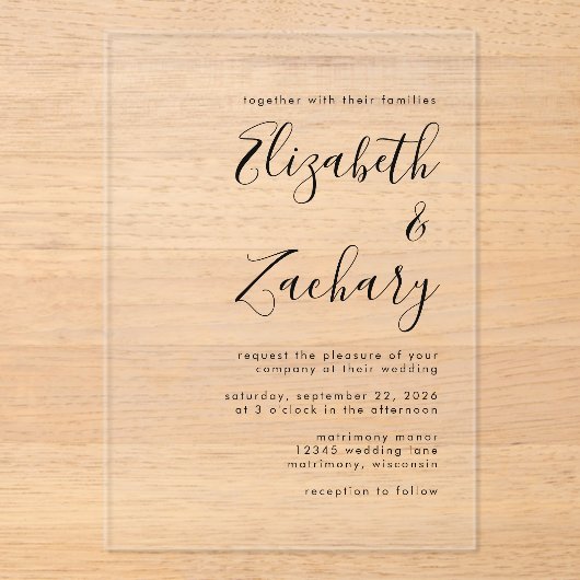 Moderne Minimal Black Script Wedding Acryleinladungen (Vorderseite)