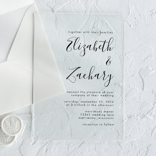 Moderne Minimal Black Script Wedding Acryleinladungen