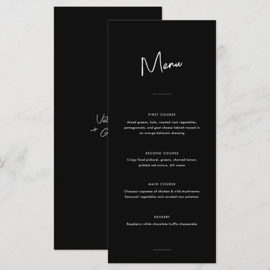 Moderne Minimal Black Script Wedding Menükarte (Vorne/Hinten)