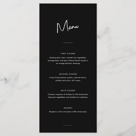 Moderne Minimal Black Script Wedding Menükarte (Vorderseite)