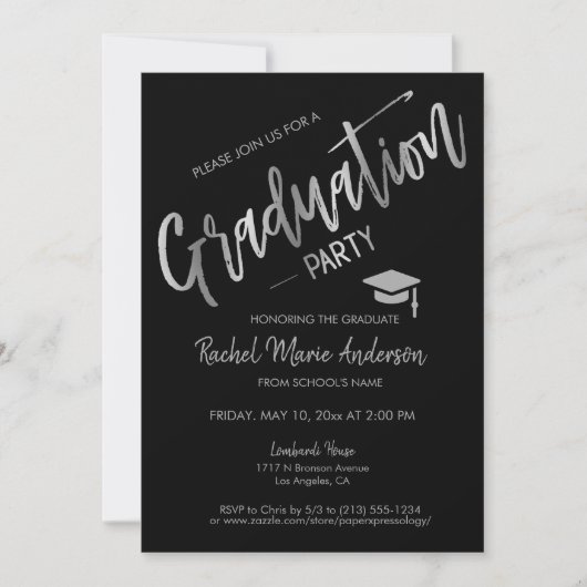 Moderne Minimal Black Silver Graduation Party Einladung (Vorderseite)