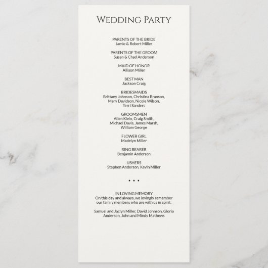 Moderne Minimal Black & White Hochzeit Programm (Rückseite)