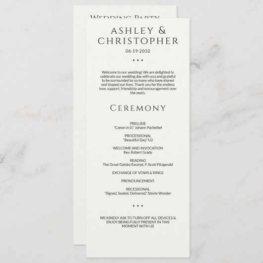 Moderne Minimal Black & White Hochzeit Programm (Vorne/Hinten)