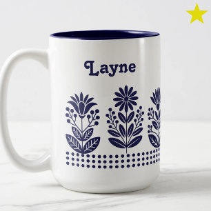 Moderne Minimal Blaue Volkskunst Blumen Benutzerde Zweifarbige Tasse