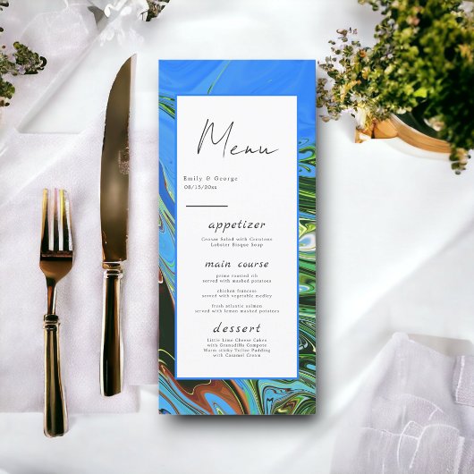 Moderne Minimal Blue Green Abstrakt Artist Wedding Menükarte