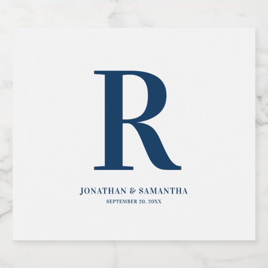 Moderne Minimal Blue Monogram Wedding Schaumweinetikett (Einzelnes Label)