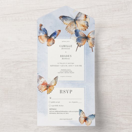 Moderne Minimal Blue & Rust Schmetterlinge Kein Ab All In One Einladung (Innen Boden)