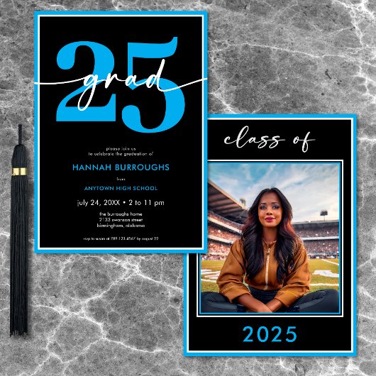 Moderne Minimal Blue Script Graduation Party Einladung