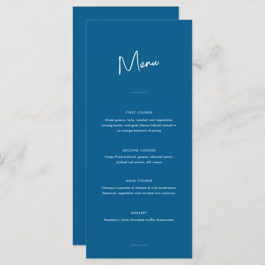 Moderne Minimal Blue Script Wedding Menükarte (Vorne/Hinten)