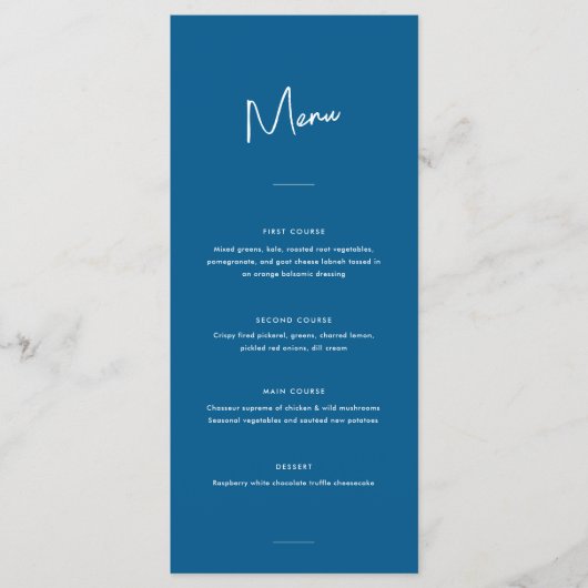 Moderne Minimal Blue Script Wedding Menükarte (Vorderseite)