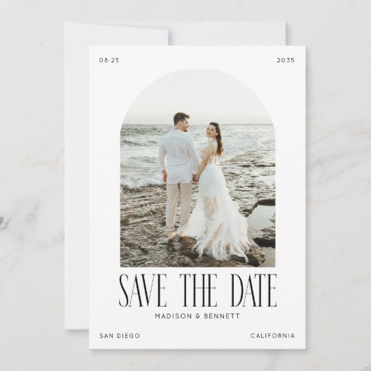 Moderne Minimal Boho Bogen Foto Doppelseitig Save The Date (Vorderseite)