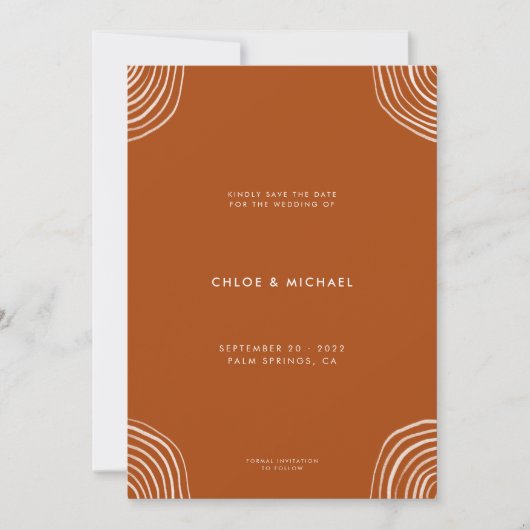 Moderne Minimal Boho Burnt Orange Bohemisch Weddin Save The Date (Vorderseite)