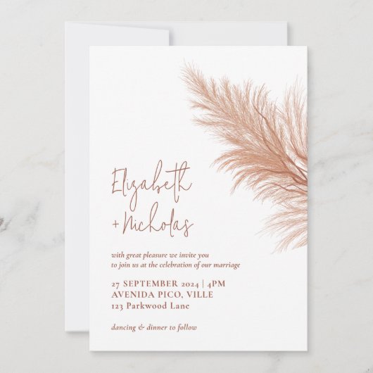 Moderne Minimal Boho Pampas Grass Wedding Einladung (Vorderseite)