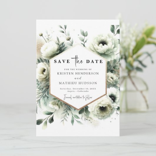 Moderne Minimal Boho Sage Green Wedding Save The Date (Stehend Vorderseite)