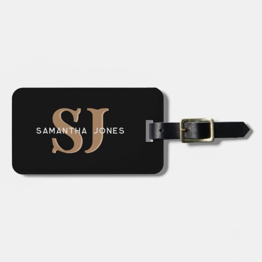 Moderne Minimal Bold Initials Gold Black Monogram Gepäckanhänger (Vorderseite horizontal)
