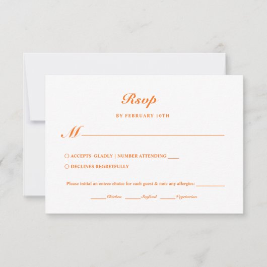 Moderne Minimal Bright Orange Meal Choding RSVP Karte (Vorderseite)