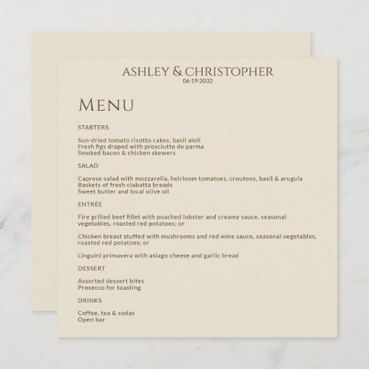 Moderne Minimal Bronze & Gold Hochzeitsempfehlung Menükarte (Vorne/Hinten)