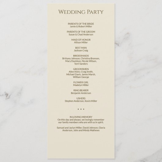 Moderne Minimal Bronze & Gold Hochzeitsfeier Programm (Rückseite)