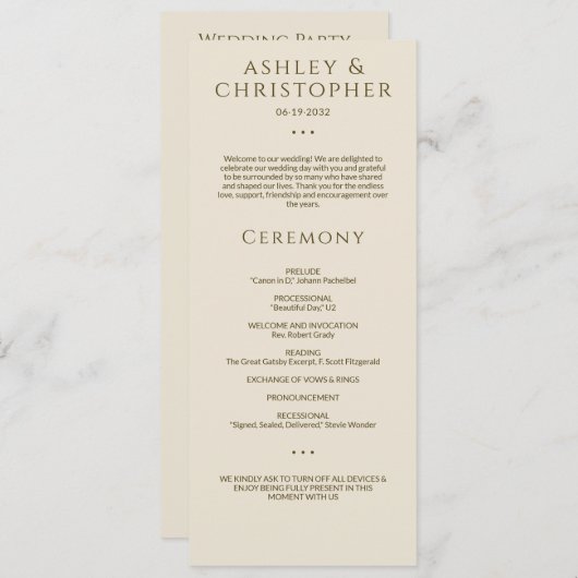 Moderne Minimal Bronze & Gold Hochzeitsfeier Programm (Vorne/Hinten)