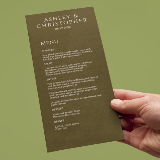 Moderne Minimal-Bronze-Hochzeitsempfehlung Menükarte