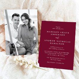 Moderne Minimal Burgundy Foto Wedding Einladung